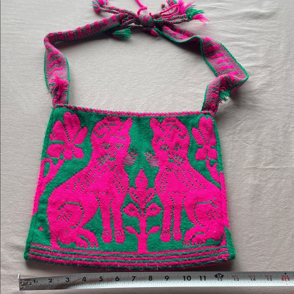 Reversible Eccentric Knit Vibrant Pink and Green Handbag - Cat and Bird Pattern